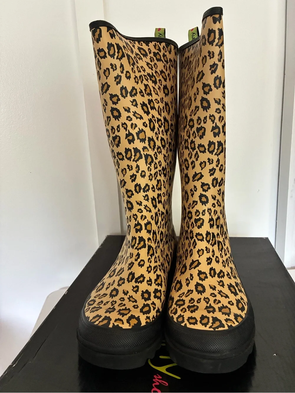 Penny Loves Kenny Leopard Print Tan and Black Rain Boots